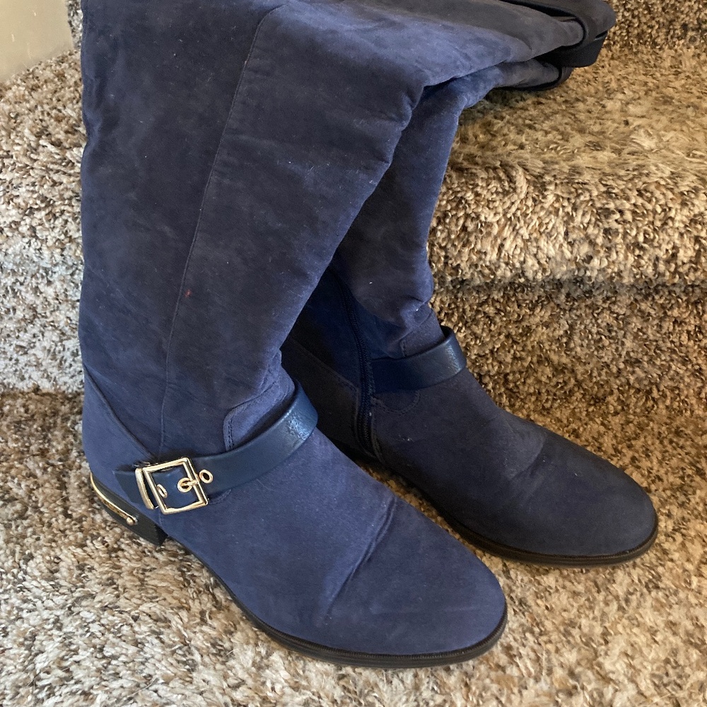 Karisma blue suede knee high boots with gold accents